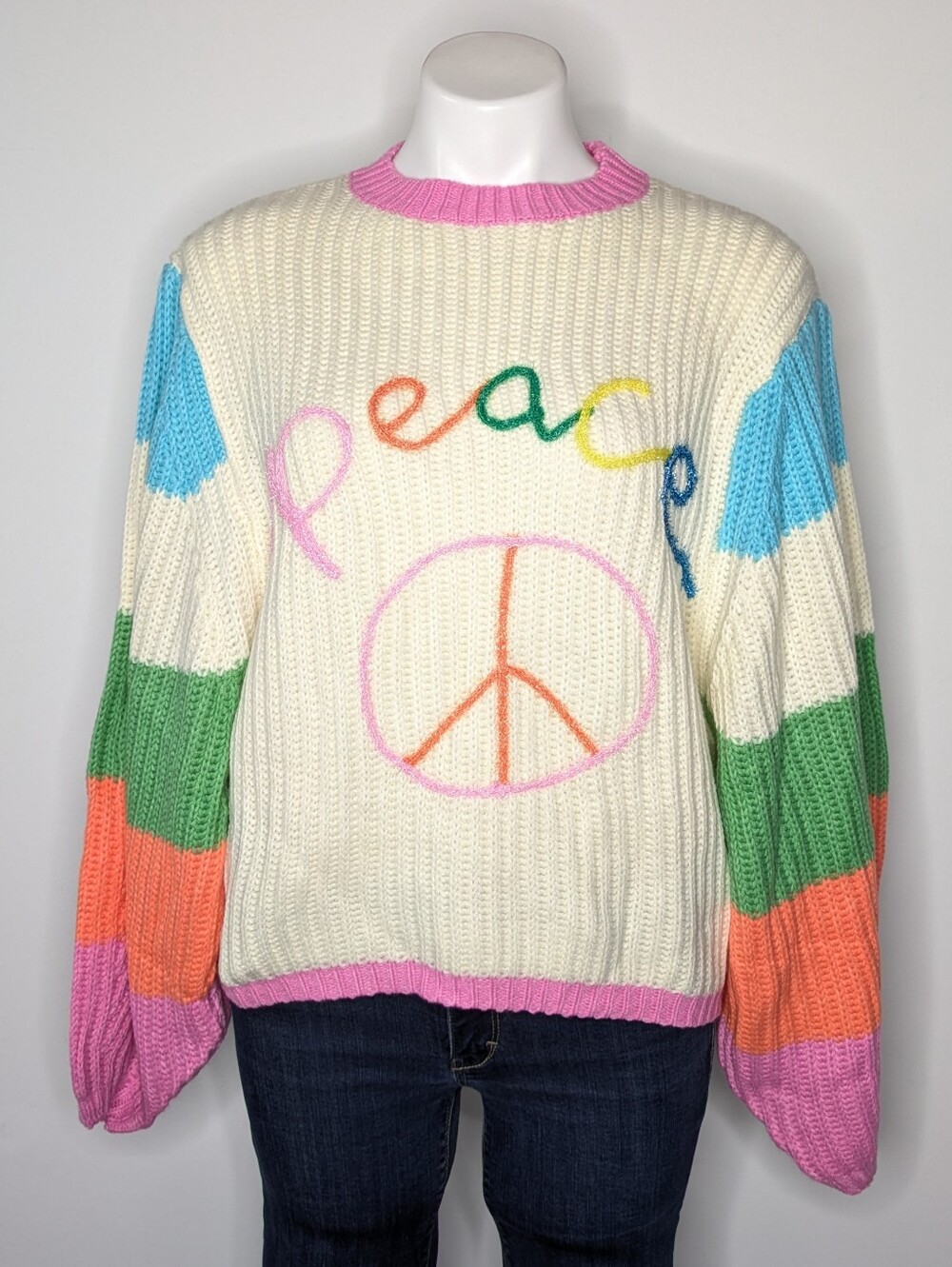 NWT Davi & Dani Dawn Cream Pink Funky Chunky Bubble Sleeve Peace Sweater S